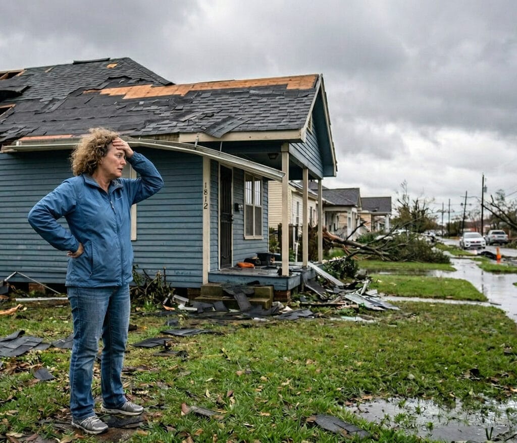 a distressed woman standing next to a damaged home