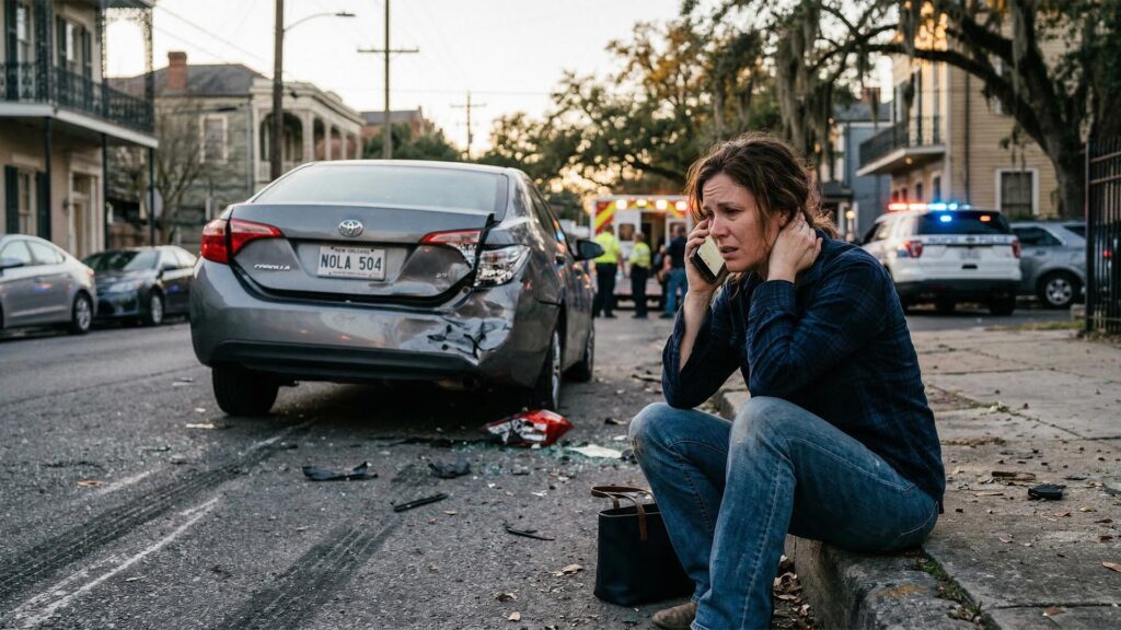 a woman sitting on a curb by a wrecked car